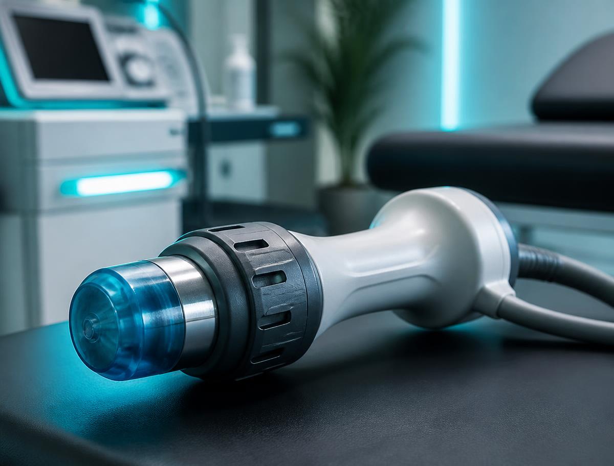 Acoustic shockwave therapy applicator in a treatment room